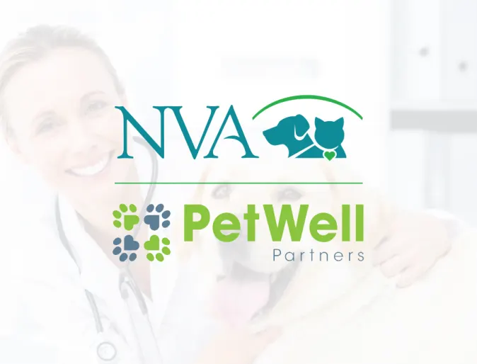 Picture of dog next to NVA logo and PetWell logo